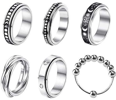 JewelryWe Schmuck 6pcs Fidget Angst Ringe Set für Herren Frauen Edelstahl Spinner Ring mit Perlen Mond Stern Anti-Angst Drehringe Stressabbauende Bandringe Hochzeit Band Gravur Silber Größe 52 bis 65