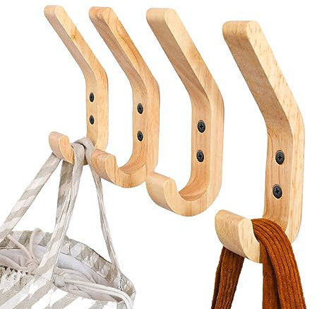 WJUAN Ganchos Percheros de Madera, 4 Piezas 155 mm J Forma, Percheros, Gancho de Pared para Toallas Mejorado, Roble de Grado A, Superficie Pulida a Mano, Adecuado para Cocina y Dormitorio
