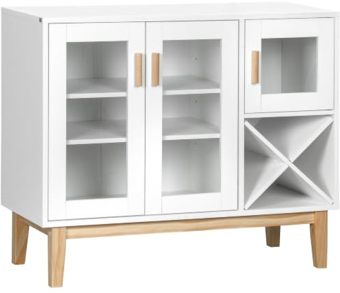 HOMCOM Küchenanrichte mit Flaschenregal Buffet Anrichte mit 3 Glastüren und 4-Flaschen X-Shape Flaschenregal für Esszimmer Modern Style Anti-Kipp 90x37x75 cm Weiß