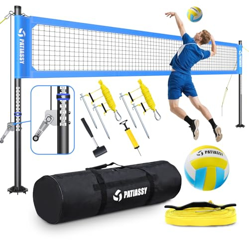 Patiassy Juego de Red de Voleibol Profesional portátil para Exteriores con Postes de Altura Ajustable, Sistema de cabrestante, Voleibol con Bomba y Bolsa de Transporte para Patio Trasero y Playa