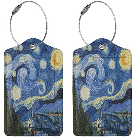 Buyidec 2 Stück Van Gogh Sternenhimmel Gepäckanhänger für Koffer, Leder-Gepäckanhänger mit Schlaufe, Namensausweis, Reisetaschen-Etiketten-Set für Damen, Herren, Jungen, Mädchen, Kinder