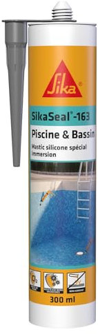 SIKA - SikaSeal 163 Piscine & Bassin, Mastic silicone spécial joint pour piscine, Idéal pour une immersion permanente, Resistant au chlore, Multi-support, 300ml Gris