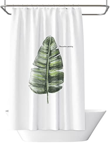 Dsnyu Badezimmer Duschvorhang, 150x200CM Duschvorhang Weiß mit Grün, Tropisches Blatt Duschvorhang Waschbar Anti Schimmel mit 12 Haken Polyester
