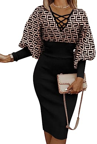 ORANDESIGNE Robe Femme Chic et Elegant Mi Longue Crayon Sexy Moulante Midi Robe d'affaires au Travail Décontractée au Bureau Robe de Soirée Cocktail Vintage Mariage Fete Pencil Dress A 02 XL