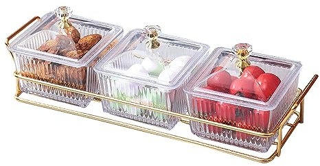 YMYL Set mit 3 Servierschalen mit Deckel und goldfarbenem Metallgestell, geteilte Servierschalen, abnehmbare Snackschalen für Vorspeisen, Chips, Obst, Nüsse, Süßigkeiten, Gewürze (transparent)