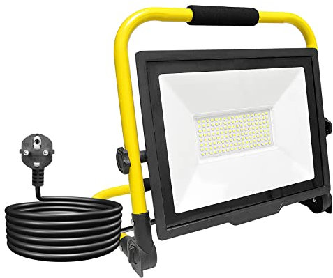 RIGIDON 100W Faretto LED da Cantiere, 10000LM Faro LED Portatile con Cavo 3M Rotazione 180° con Staffa Pieghevole Lampada da Lavoro Proiettore LED Impermeabile per Esterno Lavori Officina e Garage