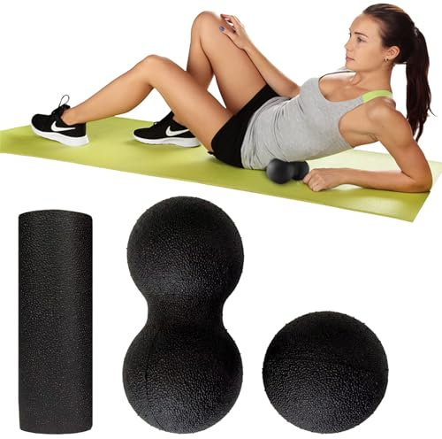 DALAETUS 3 Pezzi Palla Massaggio Muscolare Set, Foam Roller, Rullo per Massaggio, Pallina Massaggio per Colonna Vertebrale, Piedi, Schiena, Collo-1 Palla, 1 Mini Rullo, 1 Doppia Palla