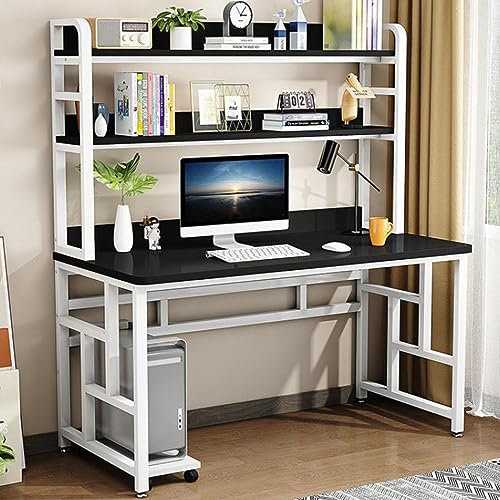 KAZUP Computertisch mit Schrank und Bücherregal, industrieller Schreibtisch, Arbeitszimmer, Schreibtisch, Arbeitsplatz mit Ablagefach für das Heimbüro (47 Zoll, schwarzer + weißer Rahmen)