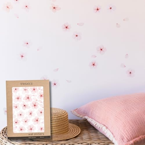 TRESXICS Stickers Muraux Salon Fleurs de Cerisier Aquarelle, 108 fleurs et 90 pétales, Décoration Chambre Original et Résistant, Effet Papier Peint Autocollant Mural, Facile et Amovible (Rose)