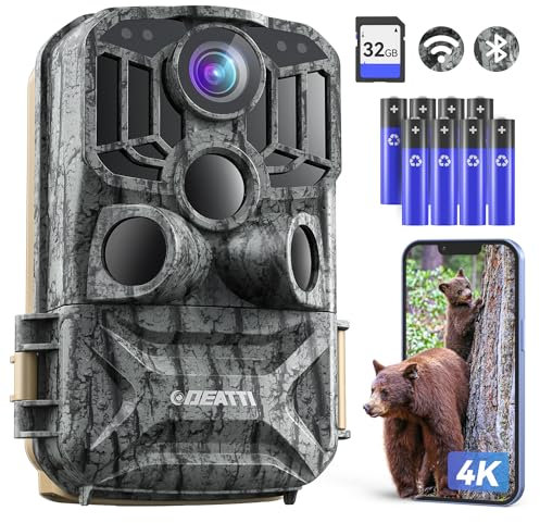 DEATTI Wildkamera mit Handyübertragung APP, 4K 48MP HD WLAN Bluetooth Wildkamera mit Bewegungsmelder Nachtsicht, 120 °Weitwinkel Wildtierkamera, IP66 Wasserdicht, 32GB SD Karte und 8*AA-Batterien