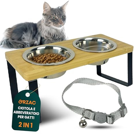 ORZAC® Ciotola Elevata per Gatti con 2 Ciotole in Acciaio Inox da 400 ml – Bambù Naturale Antiribaltamento – Piatto Ergonomico per Gatti che Migliora Postura e Digestione + Collare in Regalo