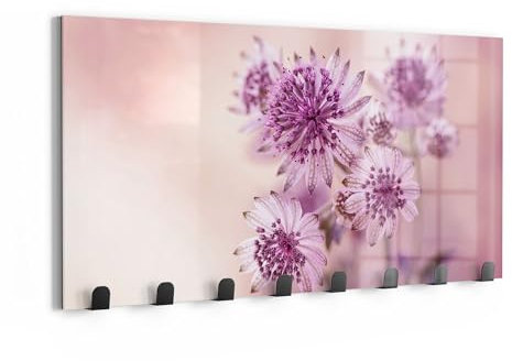 DEQORI Wandgarderobe Glas & Metall | Motiv Lila Sterndolden | 60x30 cm | Design Haken-Leiste modern | Garderoben-Paneel für Flur, Wohnzimmer & Schlafzimmer | magnetisch & beschreibbar