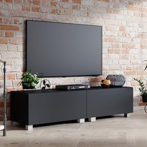 4housedesign® TV Board Lowboard Hängend | Fernsehschrank tv Sideboard Wohnzimmer | Lowboard Wohnzimmer fernsehregal tv Board Hängend tv Shrank tv 55 Zoll - TV Lowboard Schwarz Mat 200cm