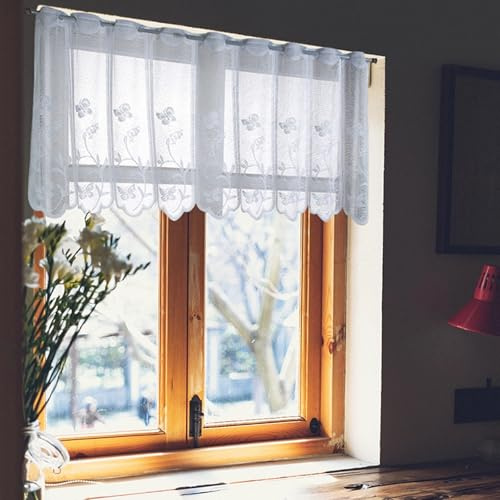 Mesnt Küchenvorhänge Vintage, Weiß Einfarbige Stickerei Schmetterlinge Blumen Blätter mit gewellter Bordüre Kurzgardine Kurzvorhang Trennvorhang Modern Wohnzimmer Balkontür, Polyester, B132 x H45 cm