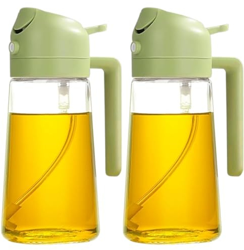 Boxonly Botella dispensadora de aceite de oliva, verde 2 en 1, spray y vertido, vidrio antigoteo de 470 ml para cocinar, freidora de aire y asar, compacta y duradera, 2 unidades