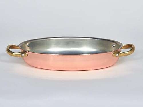 Niedriger ovale Kupferpfanne mit Messinggriffen und Innenausstattung, erhältlich in verzinnt, verschiedene Größen (30 cm)