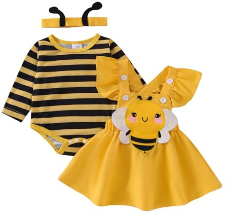 Tutina autunnale per neonata e bambina, con ape, volant, gonna, fiocco, fascia per capelli, set da 3 pezzi, 0-18 mesi, Giallo, 9-12 Months