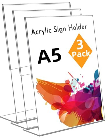 A5 Aufsteller, Acryl Schilderhalter, 3 Stück, L-Ständer Tischaufsteller | Transparenter A5 Werbeaufsteller Menükartenhalter für Fotos, Cafés, Restaurants, Ausstellungen, Büros