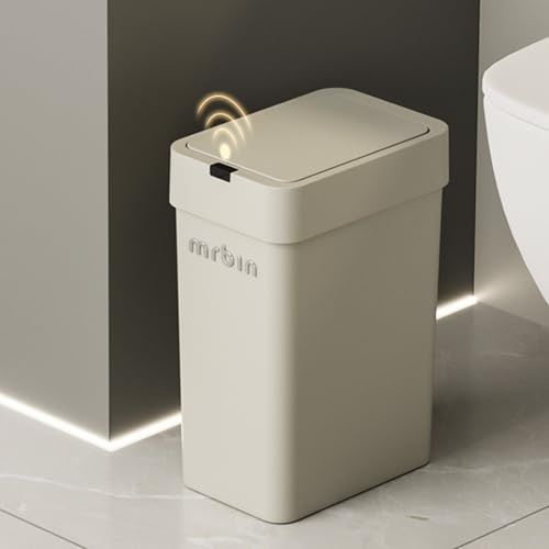 MRBIN Poubelle de salle de bain à détecteur de mouvement avec couvercle, 9 l, panier à déchets électrique automatique en plastique fin, poubelle rectangulaire étroite sous le bureau pour petit bureau