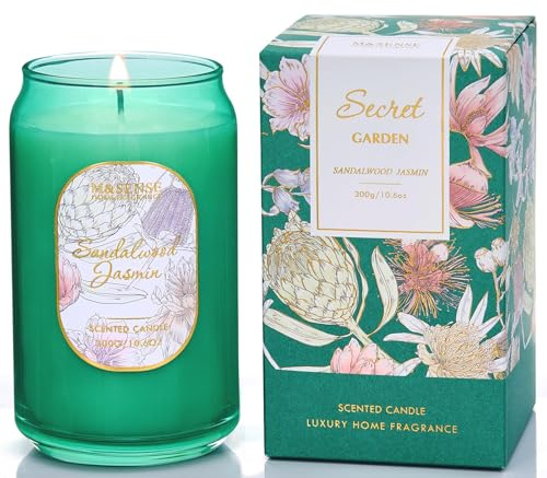 M&SENSE 300g soja doftljus sandelträ jasmin - 60 timmars lång bränntid, icke-toxisk glasburk lila ljus, aromaterapi för avkopplande, lyxiga födelsedags-/mors dagsgåvor för kvinnor