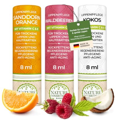 Nature Cosmétique® Basic Lippenpflege 3er MIX – Für trockene und rissige Lippen – Mit Bienenwachs, Jojobaöl & Vitamin C – Nachhaltige Papierhülse – Made in DE