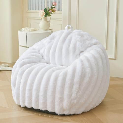 MEGO Kids Fluffy Faux Rabbit Fur Bean Bag Chair Cover, No Filler, White