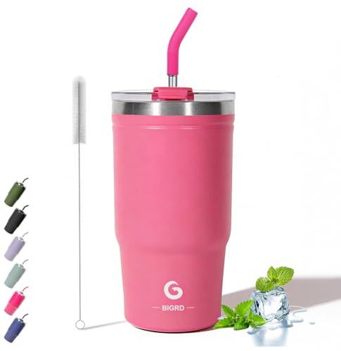 BIGRD 591 ml isolerad kaffekopp resemugg med sugrör och lock 591 ml, läckagesäker rostfritt stål kontorsvattenflaska håller kall och varm i 8 timmar, rosa rosa