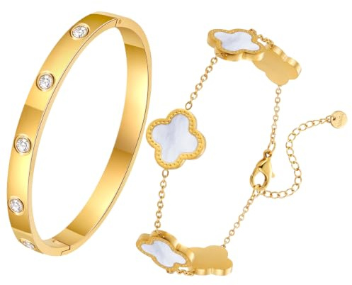 Ahokei Kleeblatt Armband Gold, Armband Kleeblatt Silber Kette S925 Ohrringe, mit Zirkon, Halskette Damen Armbänder, Wasserfest, Armbänder Silber Für Damen Kleeblattkette Gold, Geschenke für Frauen