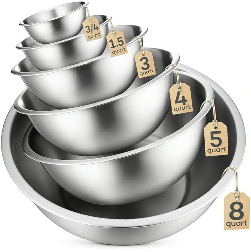 Ptsuker Mixing Bowl Set 6 Stainless Steel Mixing Bowls, Dishwasher Safe, Up to 8 Quart Metal Mixing Bowls for Kitchen, Nesting, Large, Small, Big Food Prep, Cooking, Baking