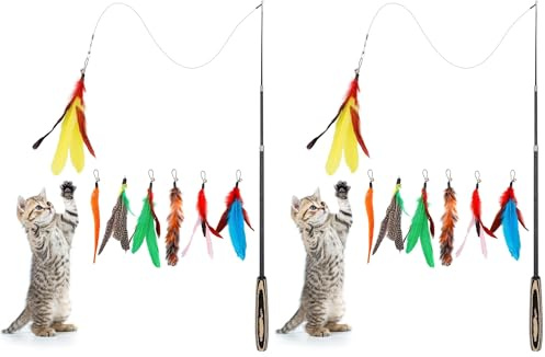 Pawaboo Katzenspielzeug - Interaktives Katzenangel Katze Spielzeug Katzen-Spielstab Katzenspielzeug-Stab mit Federn und 38,6 Zoll Stab und Glocken für Kätzchen oder Katze, Bunte Streifen