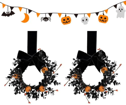 Halloween krans Gotisk Svart Och Orange Girlang Ornament | Höstkrans Halloween För ering Av Fönster Vägg Trädgård Inomhus Utomhus Fest, Och Lantgård