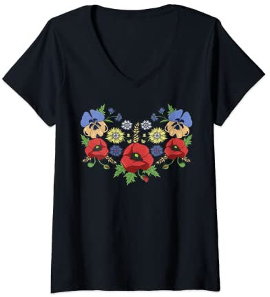Damen Mohn & Stiefmütterchen Blumen Ukrainischen Wyschywanka Stil T-Shirt mit V-Ausschnitt