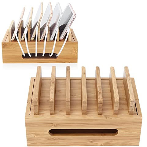 Estación de Carga para el Escritorio, Soporte para móviles, multiple celdas caja de almacenamiento de teléfono móvil, Organizador de Escritorio Multifuncional Caja, Bambú 19 x 12 x 9cm