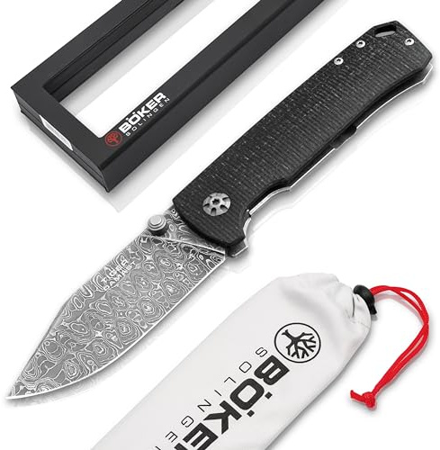 BÖKER SOLINGEN® Tiger Damast Sammlermesser - hochwertiges Damaskus Klapp-Taschenmesser - Premium Klappmesser kugelgelagert mit Daumenpin - handgemachtes Framelock Knife mit Clip - Made in Germany