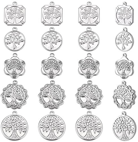 DICOSMETIC 20 pz 5 Stili 304 Ciondoli Albero Della Vita In Acciaio Inox Ciondoli Cuore Albero Ciondoli Quadrati/A Forma di Fiore con Albero Genealogico per La Creazione di Gioielli