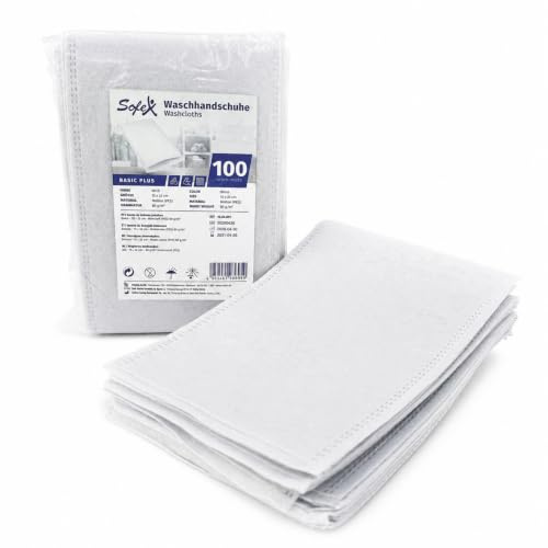 SOFEX Einmalwaschlappen Weiß, 100 Stück, 15x22 cm, 80 g/m² | Weiche Einmal-Waschhandschuhe aus saugstarkem Molton (PES) – für Pflege, Baby, Reisen & Haushalt.