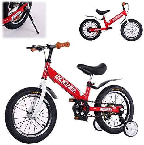 Bueuwe Laufrad ab 3 Jahre mit Bremse, Kinderfahrrad ab 3 Jahre für Mädchen und Junge, 2 in 1 Laufrad 14 Zoll, Kinder Fahrrad mit Stützrädern ab 3 Jahre bis zu 50 kg, Höhenverstellbar,Rot