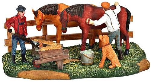 Farmleben Pferde und Hund mit Figuren - Lichthaus Winterwelt - Miniaturfiguren Miniatur-Modell für ihre Miniaturwelt - B17xH7xT11 cm - Winterwelt Weihnachtsdorf Weihnachtsdekoration