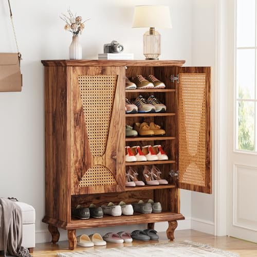 Tribesigns Zapatero de ratán con 2 puertas, 75 x 37 x 110 cm, zapatero estrecho de 7 pisos, para 25 pares de zapatos, estantería para entrada, armario de pasillo, salón
