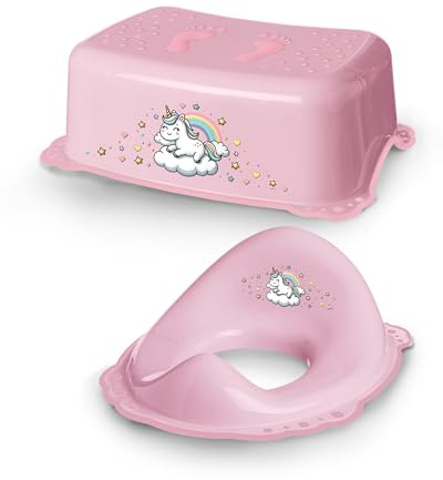 DOCARI Toilettentrainer mit Treppe als Set Einhorn pink - Toilettensitz Kinder und Tritthocker Kinder - Toilettensitz Kinder mit Treppe - Toilettenaufsatz Kinder WC Sitz Kinder Hocker Kinder Bad