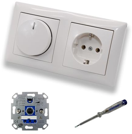 REV Ritter LED Drehdimmer Dimmer + Busch Jäger Dimmerscheibe 2115-914 und Steckdose 20EUC-914 in Balance Si alpinweiß glänzend inklusive EBROM Phasenprüfer zur Montage der Geräte ET1 66012B