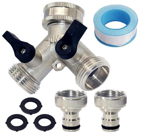 2 Way Garden Hose Splitter, Nickel Plated Brass Tap Connector Individual On/Off Y Valve with 3/4 Female Adapter for Washing Machine, Dishwasher, Hose Distributor