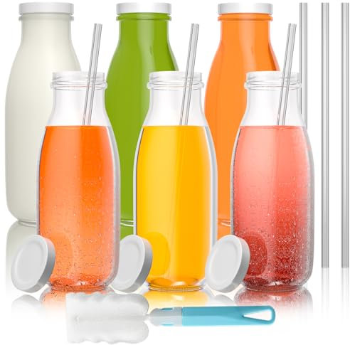 HYCKee Lot de 6 bouteilles de lait en verre transparent de 330 ml avec pailles en verre et bouchon en métal, bouteilles en verre transparent, bouteilles d'eau réutilisables avec couvercles