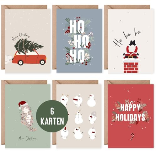 6 Weihnachtskarten | Grußkarten Weihnachten | Set 6 Klappkarten Frohe Weihnachten inklusive 6 Naturkuverts | Karten Merry Christmas DIN A6 (Xmas)