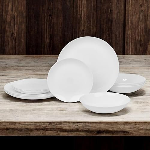 12/24 Pc Dinner Set Bowl Side Dinner Plate 12 or 24 Piece Smooth Plain or Wavy Service Set Dessert Cereal Bowl Plates (Luna Dinner - 12 Pcs)