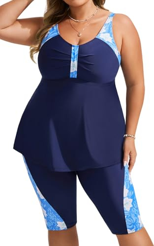 Hanna Nikole Plus Size Two Piece Swimsuits Tankini Top with Shorts for Women Tummy Control Bathing Suits Navy＆Blue Flowers 18W