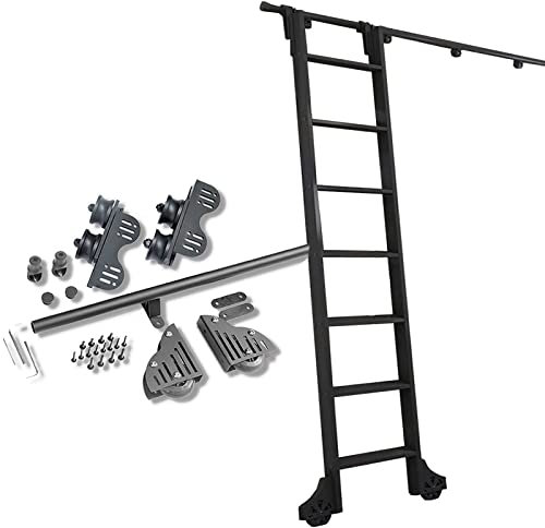 JXIPANUL Kit di ferramenta per Scala Scorrevole Retrattile, Binario sospeso per Scala per Biblioteca, Binario Mobile per Scala Mobile a Tubo Tondo Nero da 3,3 Piedi a 20 Piedi + Ruote a rul