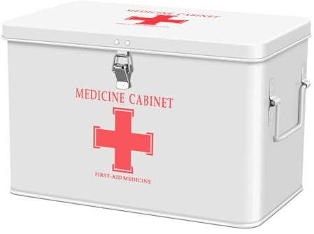 Flexzion First Aid Box Organizer Empty with Lock - 13 White Vintage First Aid Kit Tin Metal Medical Box - First Aid Storage Bin Container with Dividers, Removable Tray and Red Cross Logo