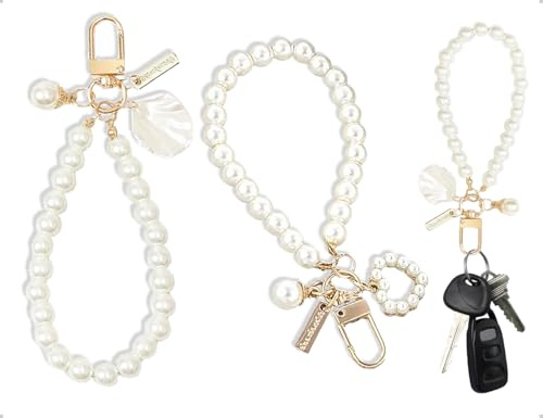 Emezddo 2 Stück Perle Schlüsselanhänger,Cute Keychain Anhänger,Autoschlüsselanhänger,Handykette,Handyanhänger,Handy Schlüsselband,taschenanhänger mit Kunstperle,für Damen(Herzen und Muscheln,Gold)