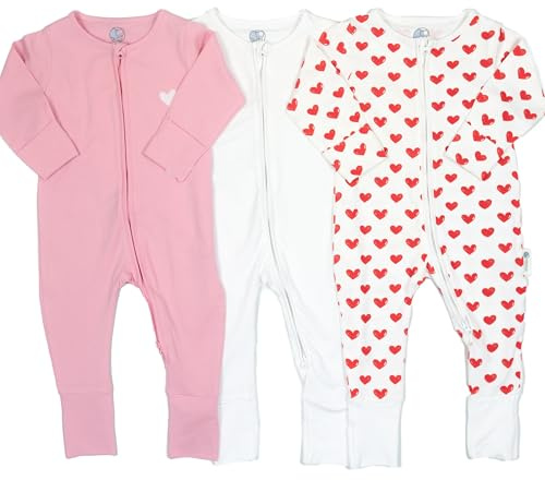 AdoraCub Baby Zip Sovdräkter i ekologisk bomull 2 och 3-pack | Tvåvägs dragkedja | Vit rosa blå röda hjärtan | Mjuk andningsbar 220 gsm | OEKO-TEX | Nyfödd till 24 månader | presentförpackning, 3